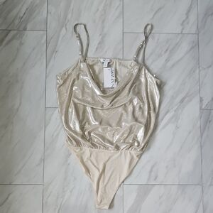 Nine West Metallic Champagne Cowl-Neck Bodysuit
